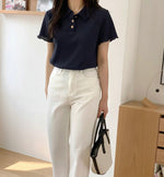 Load image into Gallery viewer, Korean Soft Waffle Polo Top in Navy