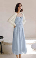 Load image into Gallery viewer, Ribbon Tie Gather Dress in Blue