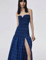 Load image into Gallery viewer, Checked Bustier Slit Dress in Blue- S