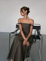 Load image into Gallery viewer, Off Shoulder Drop Waist Maxi Dress in Olive