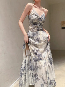 Floral Cami Flute Hem Dress in White/Blue