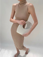 Load image into Gallery viewer, High Neck Ribbed Sleeveless Dress in Latte