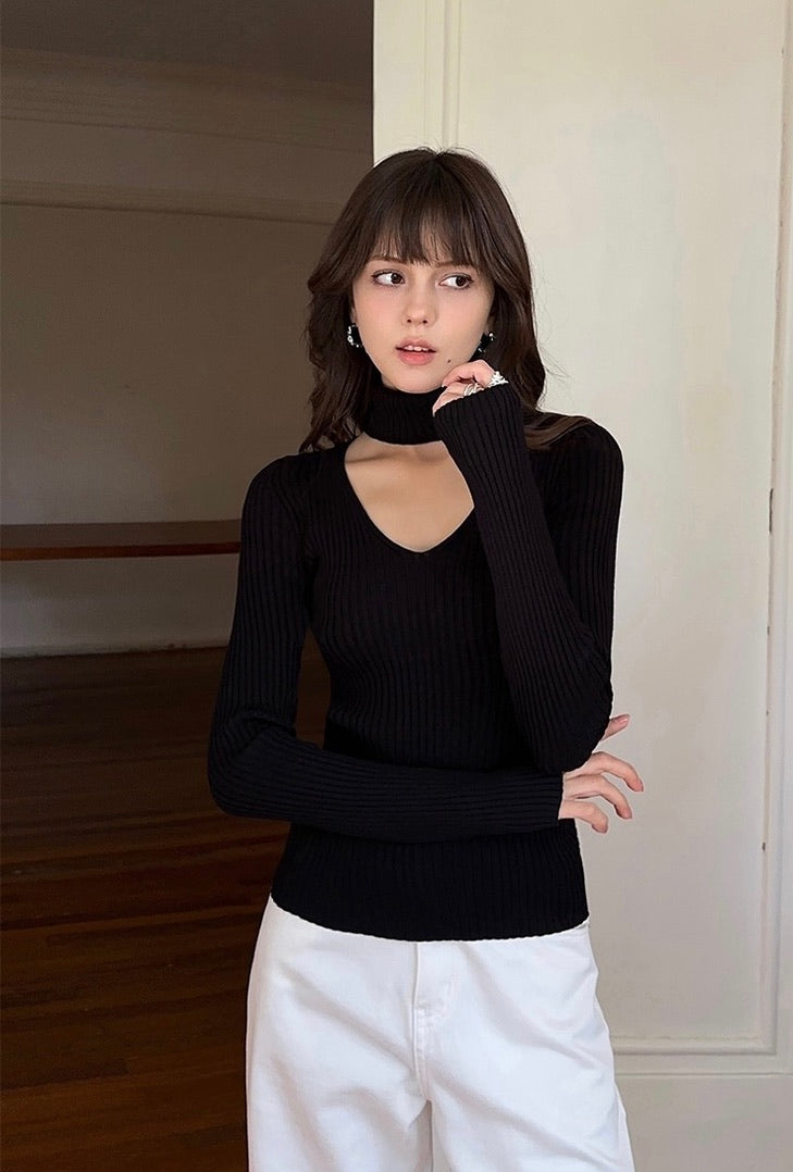 Ribbed Cutout Turtleneck Top in Black