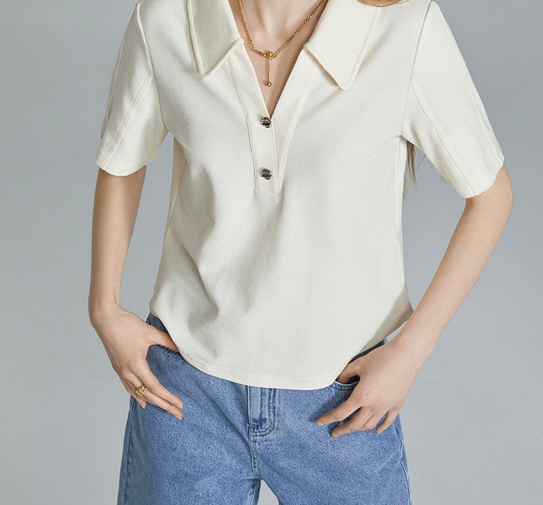 Embellished Button Polo Top in Cream
