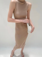 Load image into Gallery viewer, High Neck Ribbed Sleeveless Dress in Latte