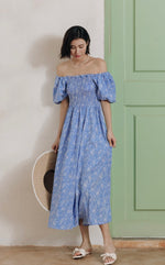 Load image into Gallery viewer, Off Shoulder Floral Blouson Dress in Blue