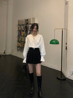 Load image into Gallery viewer, Pleated Trumpet Sleeve Blouse in White