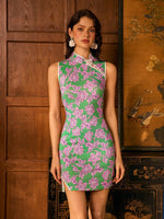 Load image into Gallery viewer, Floral Stretch Mini Cheongsam in Green