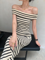 Load image into Gallery viewer, Off Shoulder Striped Midi Dress in Beige