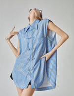 Load image into Gallery viewer, Oversized Striped Pankou Sleeveless Shirt in Blue