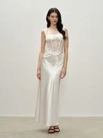 Load image into Gallery viewer, Lace Satin Bustier Top// Maxi Slip Skirt in White