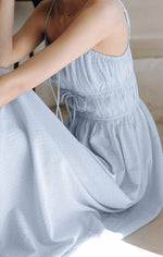 Load image into Gallery viewer, Ribbon Tie Gather Dress in Blue