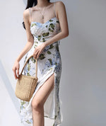 Load image into Gallery viewer, Stromboli Floral Tie Strap Slit Dress in White