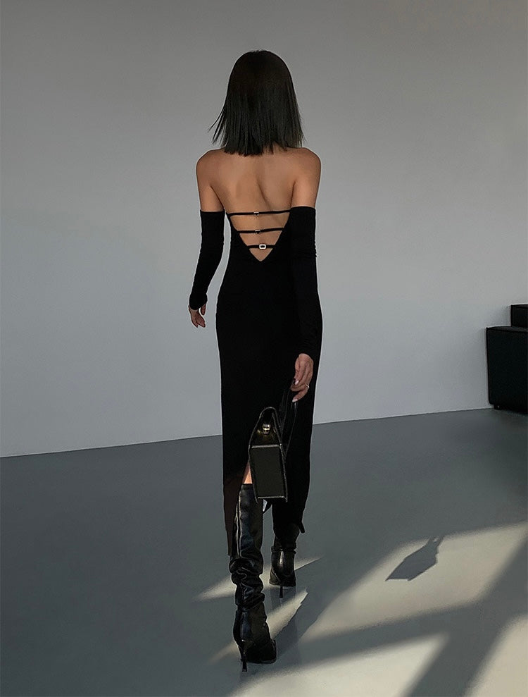 Drop Back Cutout Halter Dress + Sleeves in Black
