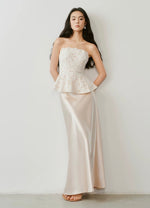 Load image into Gallery viewer, Peplum Lace Sheer Top// Maxi Skirt Set in Champagne