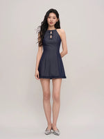 Load image into Gallery viewer, Chambray Bow Mini Dress in Navy