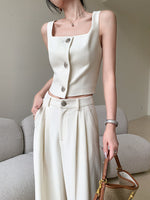 Load image into Gallery viewer, Tailored Sleeveless Button Tweed Top in Cream