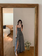 Load image into Gallery viewer, Checked Bustier Slit Maxi Dress in Black
