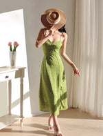 Load image into Gallery viewer, Gerbera Floral Tie Strap Slit Dress in Green