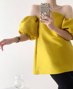 Load image into Gallery viewer, Off Shoulder Puff Sleeve Pocket Top in Yellow
