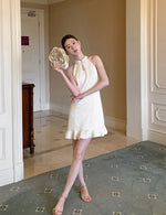 Load image into Gallery viewer, Floral Flute Hem Cheongsam Dress in Cream