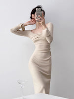 Load image into Gallery viewer, Split Sleeve Twist Midi Dress in Beige