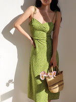 Load image into Gallery viewer, Gerbera Floral Tie Strap Slit Dress in Green