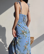 Load image into Gallery viewer, Cayha Floral Wrap Tie Strap Slit Dress in Blue