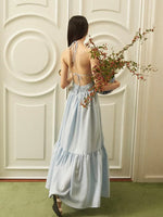Load image into Gallery viewer, Linen Blend Tie Back Halter Maxi Dress in Blue