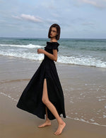 Load image into Gallery viewer, Ruffle Off Shoulder High Slit Maxi Dress in Black