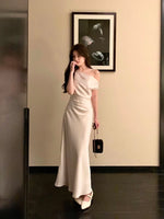 Load image into Gallery viewer, Toga Flare Hem Satin Gown in Champagne