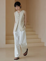 Load image into Gallery viewer, Linen Long Pocket Vest in Beige
