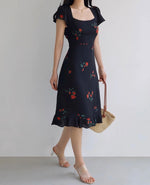 Load image into Gallery viewer, Burano Floral Blouson Midi Dress in Black