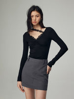 Load image into Gallery viewer, Tencel Blend Asymmetric Lace Trim Top in Black