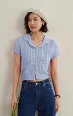 Load image into Gallery viewer, Knitted Polo Blouse in Blue
