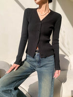 Load image into Gallery viewer, Duo Ribbed Button Cardigan in Black
