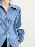 Load image into Gallery viewer, Tencel Blend Oversized Ribbon Shirt in Blue