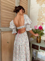 Load image into Gallery viewer, Drop Back Cutout Puff Sleeve Maxi Dress in Multi