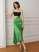 Load image into Gallery viewer, High Waist Gathered Satin Skirt in Green