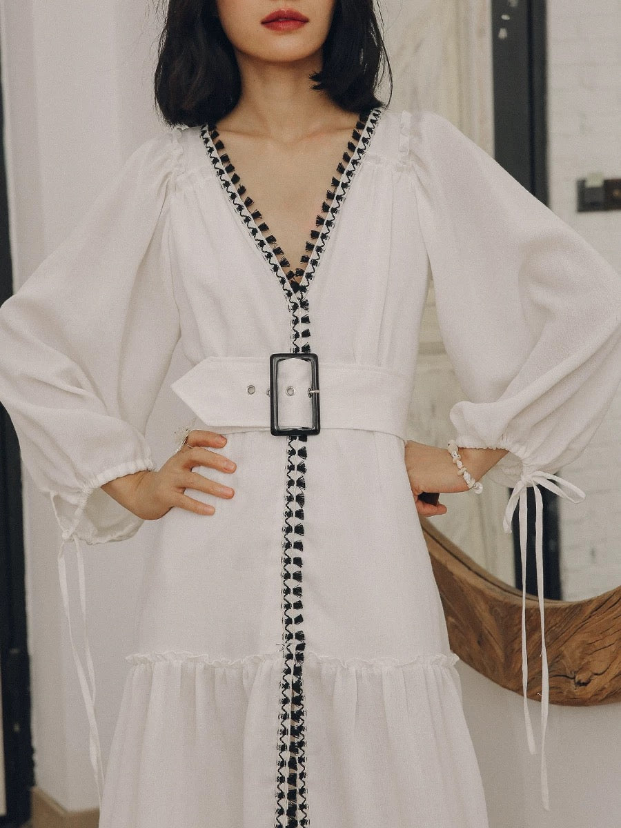 Blouson Sleeve Tassel Edge Maxi Dress in White