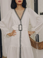 Load image into Gallery viewer, Blouson Sleeve Tassel Edge Maxi Dress in White
