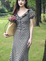 Load image into Gallery viewer, Linen Checked Blouson Dress in Black