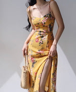 Load image into Gallery viewer, Hera Floral Tie Strap Slit Dress in Yellow
