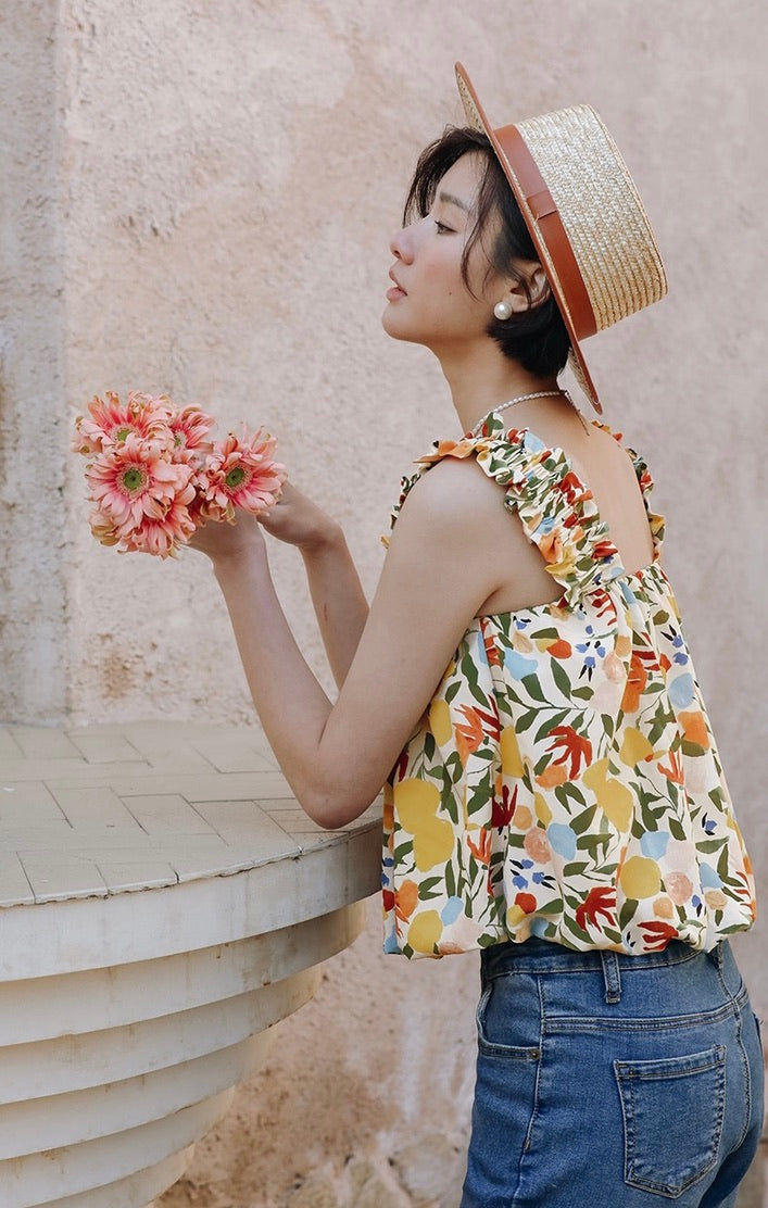 Floral Gathered Strap Bubble Top in Multi