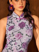 Load image into Gallery viewer, Floral Stretch Midi Cheongsam in Purple