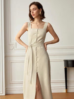 Load image into Gallery viewer, Tailored Button Tie Slit Dress in Beige
