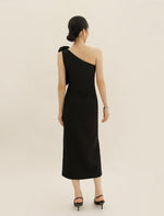 Load image into Gallery viewer, Toga Bow Slit Midi Dress in Black-L