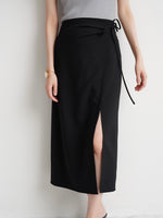 Load image into Gallery viewer, Midi Wrap Tie Slit Skirt in Black