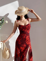 Load image into Gallery viewer, Salvia Floral Cami Tie Slit Midi Dress in Red
