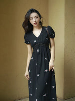 Load image into Gallery viewer, Floral Puff Sleeve Empire Dress in Black